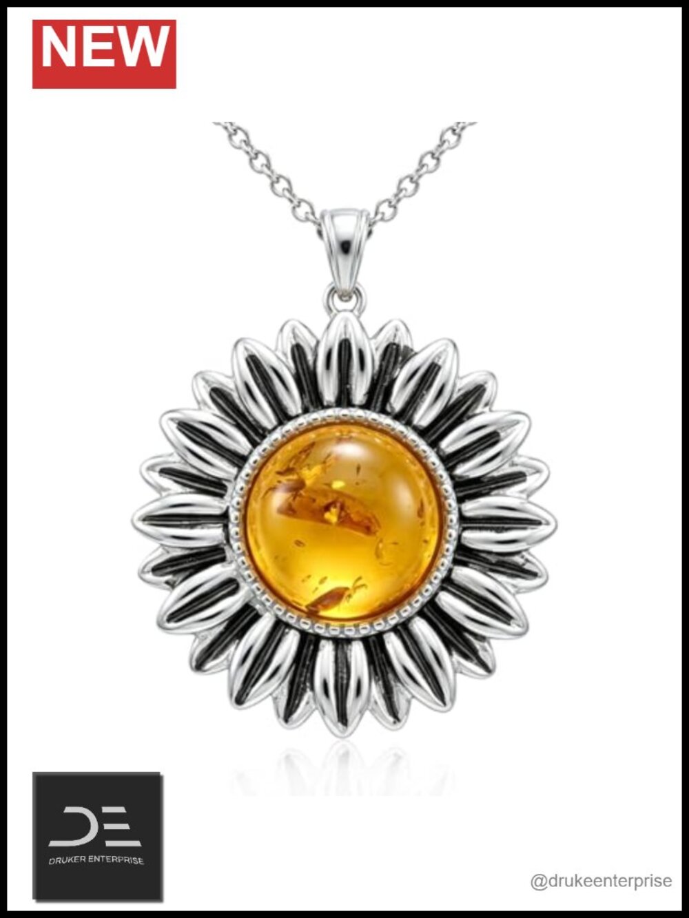 925 Sterling Silver Amber Sunflower Pendant Necklace, Floral Boho Jewelry for